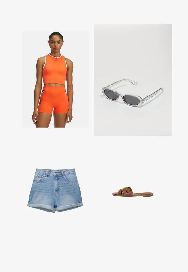 Felrood actieve kledingset met een mouwloze zip-up crop top en high-waisted shorts, verfraaid met zwart-witte strepen.; Denim shorts in een lichtblauwe wastint, high-waisted met een knoopsluiting, vijf zakken en omgeslagen zoom. Gladde textuur, klassiek ontwerp.; Bruine leren slide sandaal met gekruiste banden, platte zool en een gladde textuur. Eenvoudig ontwerp zonder versieringen of patronen.; Zonnebril met een ovale vorm, helder plastic montuur, donkergrijze glazen en dunne transparante pootjes met logo-accenten en minimale details.