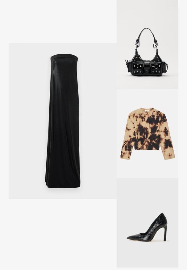 Camisa de mangas longas em tie-dye cortada em bege e preto, com detalhe frontal torcido e material decorativo. Feita de algodão suave.; Vestido maxi preto sem alças feito de um tecido liso e brilhante. Possui um corpete ajustado e uma silhueta fluida, alcançando o chão sem adornos.; Sapato de salto alto de bico fino preto com textura de pele de crocodilo, apresentando um design elegante, salto agulha alto e interior preto suave.; Bolsa de couro preta com um design curvado, apresentando tachas prateadas, uma fivela e dois bolsos laterais. Alça ajustável para opções de transporte.