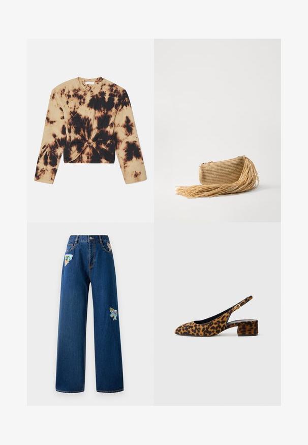 Kuldade ja mustade toonidega lühendatud tie-dye pikkade varrukatega särk, millel on keeratud esiosa detail koos dekoratiivse riistvaraga. Pehme puuvillane materjal.; Tumedatest sinisest denimist laiad teksad, millel on kaks värvilist tikandipatchi ees. Omab standardseid taskuid ja nähtavaid õmblusdetail.; Naiste leopardimustriga slingback-kingad madala blokkninahaga ja kuldse klambriga külgjah. Kujutatud külgprofiilis lihtsal taustal.; Cult Gaia VIERA - Väike käekott - natural; Valge kroonlehtedest lillekumm, millel on õhuke ja paindlik riba. Kroonlehed on pehmed ja kerged, luues õrna, kihilise välimuse.