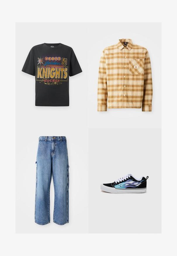 Černé bavlněné tričko s potiskem "Vegas Golden Knights Hockey" v zlaté, modré a červené barvě, se symboly hvězd a štítu a tečkovanými akcenty.; Hnědá a krémová károvaná košile s dlouhým rukávem vyrobená z texturované látky, má náprsní kapsu a zapínání na knoflíky, s etiketou na kapse.; Světle modré denimové cargo kalhoty s širokým střihem, které mají boční kapsy, opotřebovaný vzhled a mírně třepící se lem.; Černé semišové tenisky s bílou gumovou podrážkou. Mají iridescentní modré a fialové plamenné vzory. Bílé tkaničky a zadní poutko.