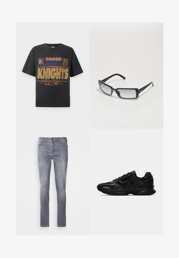 Svart bomull T-skjorte med print av "Vegas Golden Knights Hockey" i gull, blå og rød, med stjerne- og skjoldikoner, samt prikkede detaljer.; Lys grå denimjeans med rett snitt, har fem lommer, messing knappelukking og subtil falming på beina.; Svart idrettssko med teksturert overdel, reflekterende detaljer og polstrede såler. Har snørebånd og merkevarenavn på siden.; Svarte rektangulære solbriller med gradientlinser, med en tykk ramme og metallaksenter på armene. Jevn tekstur gjennom hele.