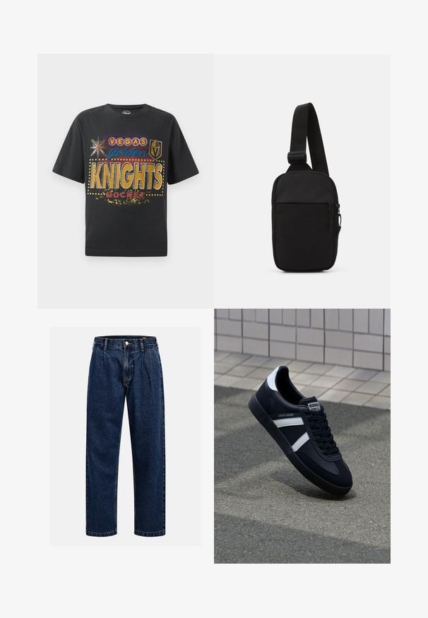 Svart bomull T-shirt med tryck av "Vegas Golden Knights Hockey" i guld, blått och rött, med stjärn- och sköldikoner samt prickade accenter.; Mörkblå denimjeans med rak bendesign. Har synliga sömmar, knappstängning och framträdande veck för extra detalj.; Svart lädersneaker med vita ränder, texturerad gummisul, och snörning fram. Har en märkesskylt på tungan.; Svart axelväska gjord av slitstarkt tyg, med en justerbar rem, ett zip-försett huvudfack och en framficka.