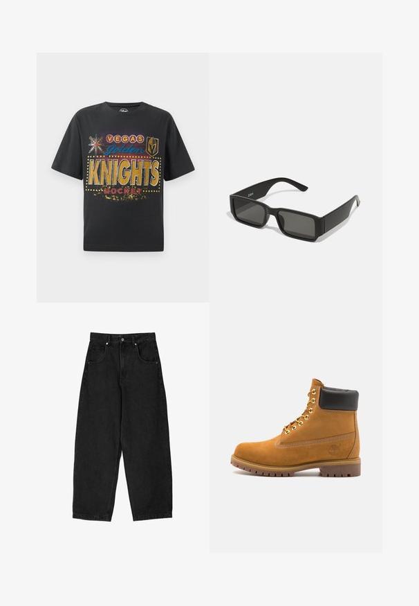 Schwarzes Baumwoll-T-Shirt mit dem Aufdruck "Vegas Golden Knights Hockey" in goldenen, blauen und roten Farben, mit Stern- und Schildsymbolen sowie gepunkteten Akzenten.; Schwarze Jeans mit weitem Bein und hoher Taille, ausgestattet mit fünf Taschen, einem Reißverschluss und einem Metallknopfverschluss. Glatte Textur, minimales Design.; Beige Wildleder-Ankle-Boot mit schwarzem gepolstertem Kragen, goldenen Metallösen, weißen Nähdetalben und einer robusten Gummisohle mit ausgeprägtem Profil.; Schwarze Sonnenbrille mit rechteckigen Gläsern, mattem Kunststoffrahmen und geraden Kanten. Verfügt über das Markenlogo auf dem inneren Bügel.