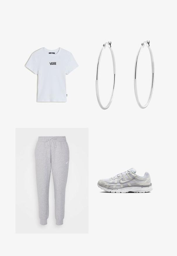 Weißes, geripptes T-Shirt mit kurzen Ärmeln, das ein kleines schwarzes "VANS"-Logo auf der Brust und einen geraden Saum mit einem gewebten Etikett an der Seite aufweist.; Hellgraue Sweatpants mit einem Kordelzug in der Taille, schmal zulaufenden Beinen und einem kleinen weißen Logo am linken Oberschenkel. Hergestellt aus einem weichen, strukturierten Stoff.; Helle graue Sportschuhe mit einem Obermaterial aus Mesh und Synthetik, ausgestattet mit Schnürverschluss, gepolsterter Zunge und strukturiertem Sohlen für besseren Grip.; Silberne Creolen mit einer glatten, polierten Oberfläche und einer dünnen, runden Form. Das Design verfügt über einen sicheren Verschluss.