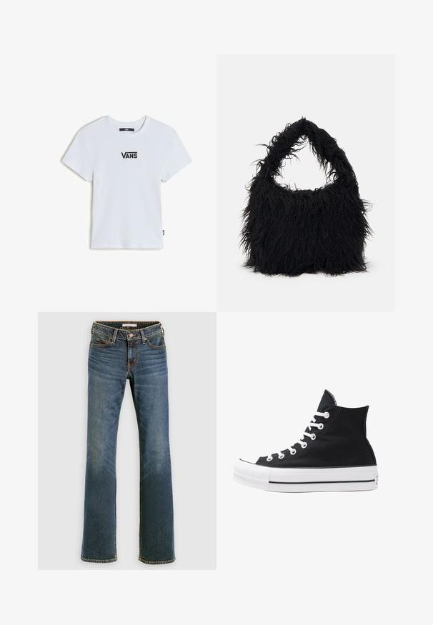 White ribbed t-shirt with short sleeves, featuring a small black "VANS" logo on the chest and a straight hem with a woven label on the side.; Blue denim bootcut jeans with front and back pockets, button and zipper closure, and subtle faded detailing on thighs and knees.; High-top black canvas sneaker with white eyelets, laces, and rubber sole. Features a textured toe cap and black and white stripe accents.; Even&Odd Tote bag - black