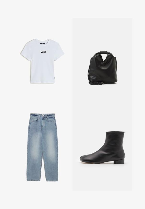 Camiseta blanca de rayas con mangas cortas, que presenta un pequeño logo negro de "VANS" en el pecho y un dobladillo recto con una etiqueta tejida en el lado.; Jeans de denim azul claro con un corte holgado, diseño de pierna recta, cinco bolsillos y cierre de botón en la cintura. Textura suave.; MM6 Maison Margiela BOOT - Botines - black; Bolso de cuero negro y suave con un diseño retorcido único. Presenta un asa corta y una correa de hombro desmontable. Estilo minimalista.