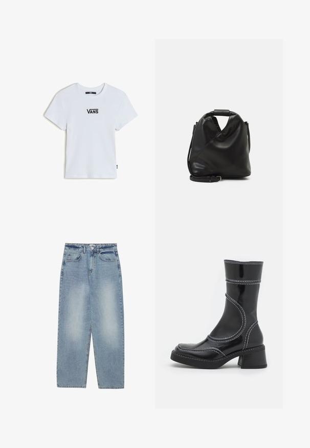 Hvid ribbet t-shirt med korte ærmer, der har et lille sort "VANS" logo på brystet og en lige kant med et vævet mærke på siden.; Lyseblå denim jeans med løs pasform, lige ben-design, fem lommer og knaplukning i taljen. Glat tekstur.; Sort patenteret læder ankelstøvle med hvid stikning, rund tå og blokhæl. Har buede designlinjer og en glat tekstur.; Sort, blødt lædertaske med et unikt snoet design. Har et kort håndtag og en aftagelig skulderrem. Minimalistisk stil.