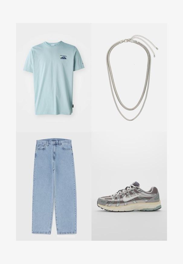 Columbia EXPLORERS CANYON BACK TEE - Trükipildiga T-särk - crushed blue; Heled sinise denimi sirgete põlvede lõikega teksad, millel on keskmise kõrgusega vöökoht, viis taskut ning nööbid ja tõmblukk.; Hallus hallitus jalanõud, millel on võrgust ja sametist ülemine osa, valged rõhutused, pehme tald ning eristuv disain peegelduvate elementidega.; Kolmekihiline hõbedane metallkaelakee, mis on valmistatud peentest, paindlikest kettidest kerge läikega, kinnitatud krabi sulguri ja reguleeritava ketiga.