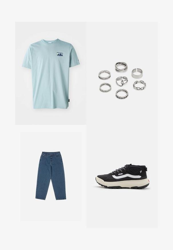 Columbia EXPLORERS CANYON BACK TEE - Trükipildiga T-särk - crushed blue; Sinised teksased, mis on lõdva lõikega, kõrge vöökohaga, viie tasku disainiga ja õmblusaktsentidega. Omab nupuga ja tõmblukuga sulgemist.; Must must suus, millel on tekstuuriga ülemine osa, valge külgtriip, hallad pitsid ja paks koorevärvi põhi. Omab tugevdatud kontsa ja musta allosa.; Seitsme hõbesõrmuse komplekt, millel on erinevad kujundid, sealhulgas keerdunud, seotud ja graveeritud mustrid. Erinevad kujundid ja laius.