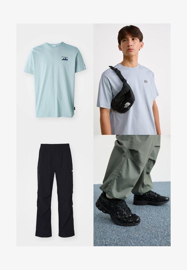 Columbia EXPLORERS CANYON BACK TEE - Apdrukāts T-krekls - crushed blue; Melni cargo bikses, izgatavotas no viegla materiāla, ar elastīgu jostasvietu, sānu kabatām un taisnu kāju dizainu.; Melni sporta apavi ar spīdīgu un sieta tekstūru, ar biezu zoli un auklām, kombinēti ar brīvām olīvzaļām kravas biksēm.; Melna neilona krūšu soma ar regulējamu siksnu, ar izteiktu baltu logo. Valkāta virs gaiši zila T-kreklu. Vienkāršs, funkcionāls dizains.
