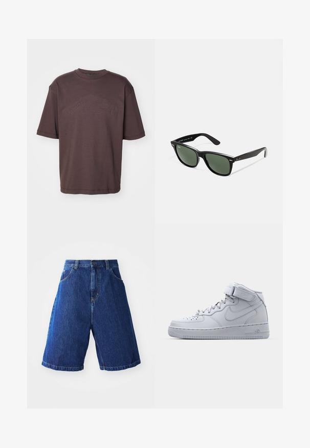 T-shirt de algodão castanho escuro com decote redondo e mangas curtas. Logotipo em relevo "DSQUARED2 ICON" na parte da frente. Corte solto.; Calções de ganga com lavagem azul, apresentando uma cintura alta, dois bolsos frontais e costura amarela ao longo das costuras.; Tênis Nike Air Force 1 cinzas de cano alto com parte superior em couro, colarinho acolchoado e uma tira de Velcro. O design icônico apresenta uma caixa de toe perfurada.; Óculos de sol de plástico preto com lentes verdes, armações quadradas, detalhe prateado na sobrancelha e hastes texturizadas. Marca indicada na parte interna da haste.