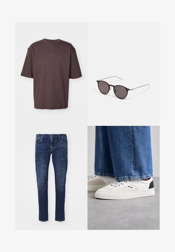 Donkerbruine katoenen t-shirt met een ronde hals en korte mouwen. Geportretteerd "DSQUARED2 ICON" logo op de voorkant. Losse pasvorm.; Donkerblauw denim jeans met een slim fit, voorzien van verfspetters, zichtbare stiksels en een standaard vijf-pocket ontwerp. Recht gesneden pijpen.; Witte en zwarte sneakers met een glad leren bovenwerk, textuuraccenten en een chunky witte zool. Heeft een klassiek vetersluiting ontwerp.; Zwarte ronde zonnebril met donkere lenzen en slanke metalen armen. Inclusief heldere tempelpunten en zilveren accenten bij de scharnier. Minimalistisch ontwerp.