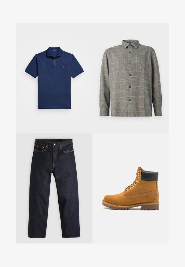 Námornícky modré polo tričko vyrobené z bavlny, s dvoma gombíkmi na légu, krátkymi rukávmi a malým vyšitým logom na ľavej hrudi.; Košeľa s dlhým rukávom v béžovo-čiernej kárované vzoru, s golierom a prednou náprsné kapsou na jednolatom pozadí.; Tmavomodré džínsy s rovnými nohavicami, piatimi vreckami, kontrastným oranžovým prešívaním a gombíkovým zapínaním. Žiadne viditeľné vzory alebo ozdoby.; Tyrkysové semišové členkové topánky s čiernym polstrovaným golierom, zlatými kovovými očkami, bielym prešívaním a robustnou gumovou podrážkou s výraznými drážkami.