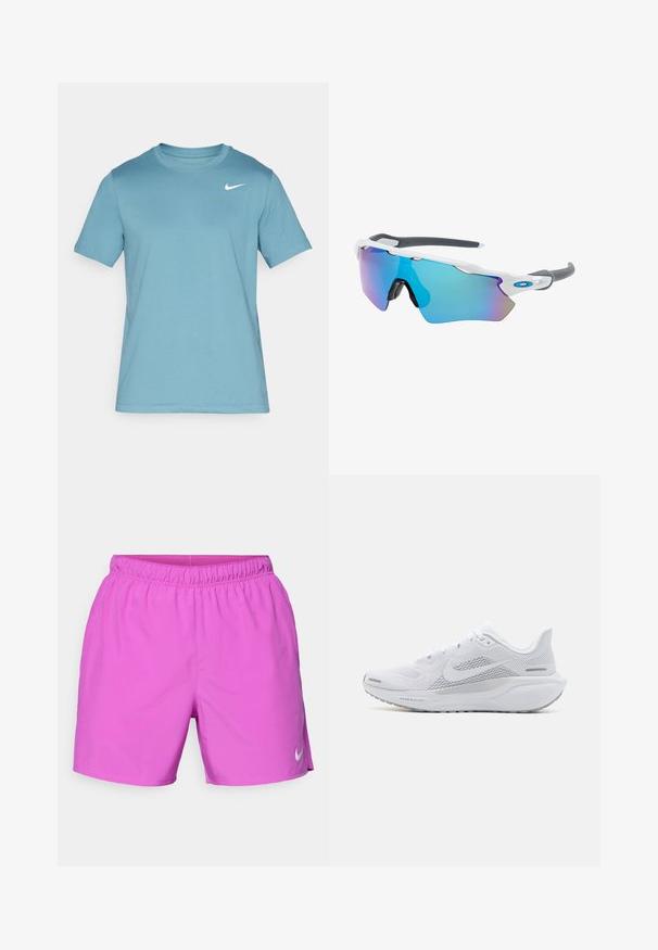 Heledad sinistees T-särk, mis on valmistatud siledast kangast. Omab ümmargust kaelust ja väikest valget Nike logo vasakus ülemises rinnas.; Roosa sportlikud lühikesed püksid elastse vöökoha ja siledaga, mille alumisel küljel on väike valge Nike logo.; Valge sportlik king, millel on võrgust pealne osa, sujuva tekstuuriga kattekiht, hallid aktsendid, sidemed ja pehmendatud tald, mis on mõeldud sooritusvõime jaoks.; Valged raamidega päikeseprillid, hallide aktsentidega ja siniste peegelprillidega. Sportlik disain, ümber keha kujundus ja reguleeritavad ninasillad.