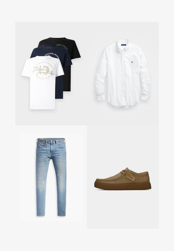 Tři trička s kulatým výstřihem v bílé, námořnické a černé bavlně, s zlatým grafickým logem na bílém tričku a textem v kruhovém designu.; Bílá košile s dlouhým rukávem a knoflíkovým zapínáním vyrobená z bavlny. Má klasický límec, knoflíkové manžety a malé námořnické vyšívané logo na hrudi.; Světle modré slim-fit džíny s mírným vyblednutím na stehnech, zapínání na knoflík vpředu, poutka na opasek a pět kapes na bílém pozadí.; Světle hnědé suede boty s kulatou špičkou, prošívanými detaily a ribbovanou hnědou gumovou podrážkou. Disponují bočním štítkem s logem "Clarks".