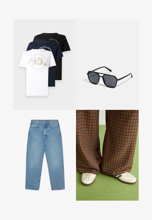 Trīs apģērba T-krekli ar apaļo kaklu baltā, tumši zilā un melnā kokvilnā, ar zelta grafisku logotipu uz baltā krekla un tekstu apaļajā dizainā.; Gaiši zili denim auduma platgala bikses ar augstu jostasvietu, ar piecām kabatām, jostu cilpām un mīkstu, nedaudz nodilušu tekstūru.; Brūni un zili rūtaini platās kājas bikses, kas savienotas ar baltām kurpēm ar melniem akcentiem un teksturētām zolēm, uz zaļa fona.; Melnas saules brilles ar astoņstūra rāmī, tumšiem stikliem, spīdīgu apdari, plānām kājām un zelta akcentiem priekšpusē.