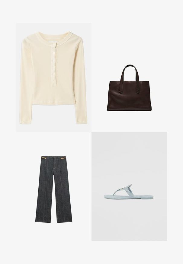 Světlé žluté, žebrové tričko s dlouhým rukávem a kulatým výstřihem, které má šest knoflíků pro zapínání vpředu. Má zkrácený lem a měkkou texturu.; Tmavě modré denimové široké kalhoty s vysokým pasem. Vyznačují se viditelným šitím, zapínáním na knoflík a jedinečným řetízkovým akcentem v pase.; Svetle modré žabky vyrobené z texturovaného materiálu. Mají jednoduchý design s mezičlánkovým popruhem a plochou podrážkou. Žádné další akcenty ani vzory.; Hnědá kožená taška přes rameno s dvěma dlouhými uchy, strukturální obdélníkový tvar, hladká textura a jemné švy.