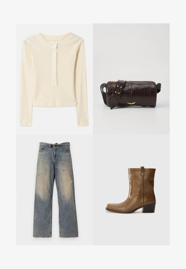 Camisola de manga longa amarelo-claro, com nervuras, e decote redondo, com fecho de seis botões na parte frontal. Possui uma bainha cropped e uma textura suave.; Jeans de ganga azul claro com um design solto e de perna reta. Apresenta desgaste, desbotamento e detalhes rasgados perto dos joelhos. Estilo clássico de cinco bolsos.; Bota de tornozelo em couro castanho com bico quadrado, acabamento texturizado e salto baixo em camadas. Apresenta uma alça na parte de trás e detalhes de costura discretos.; Bolsa de couro com textura de crocodilo na cor marrom, com forma cilíndrica, metalizações em tom dourado e uma alça destacável com tachas.
