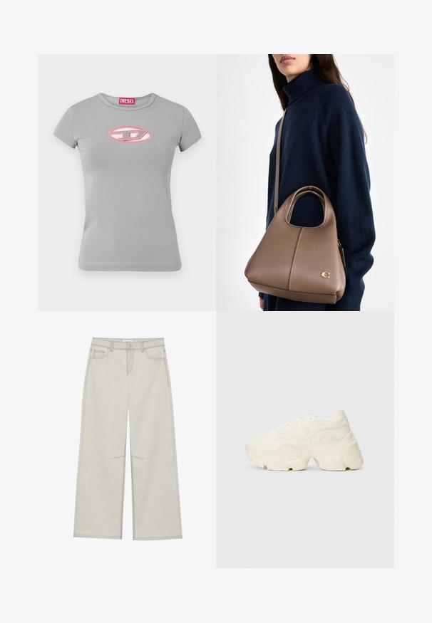 Grey short-sleeve t-shirt made of cotton, featuring a pink embroidered oval logo on the chest and a crew neckline.; Light gray wide-leg pants with five pockets, front button closure, and contrast stitching along seams. Fabric appears soft and durable.; Chunky white sneakers made of textured mesh and synthetic materials, featuring a thick sole and intricate pattern details along the sides.; Leather handbag in light brown with a structured shape, a top handle, an adjustable shoulder strap, and a subtle gold logo accent.