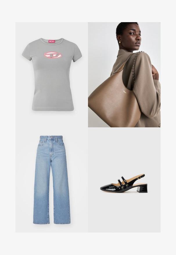 Grey short-sleeve t-shirt made of cotton, featuring a pink embroidered oval logo on the chest and a crew neckline.; Light blue high-waist wide-leg jeans with front button and zip closure, front and back pockets, on a white background.; Black patent leather slingback shoe with pointed toe, two strap detail, gold circular accents, and a low block heel.; Brown leather handbag with a smooth texture, featuring a curved silhouette and a metallic logo. The strap has decorative studs along the seam.