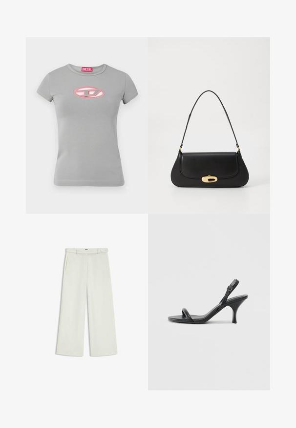 Harmaa lyhythihainen t-paita, joka on valmistettu puuvillasta ja jossa on vaaleanpunainen brodeerattu soikio logo rinnassa sekä pyöreä pääntie.; Housut leveillä lahkeilla vaalean kermaisessa kankaassa, jossa on sivutaskut, litteä etuosa ja yksi nappikiinnitys vyötäröllä. Silkkinen pinta.; Mustat nahkaiset korkokengät, joissa on hoikka, kaareva korko ja ristiin menevä hihnadesign. Säädettävä nilkkahihna. Silkkinen pinta.; Musta nahkainen käsilaukku, jossa on kaareva muotoilu, kultasävyiset yksityiskohdat ja yläkahva. Sisältää tyylikkään sulkijan ja sileän pinnan.
