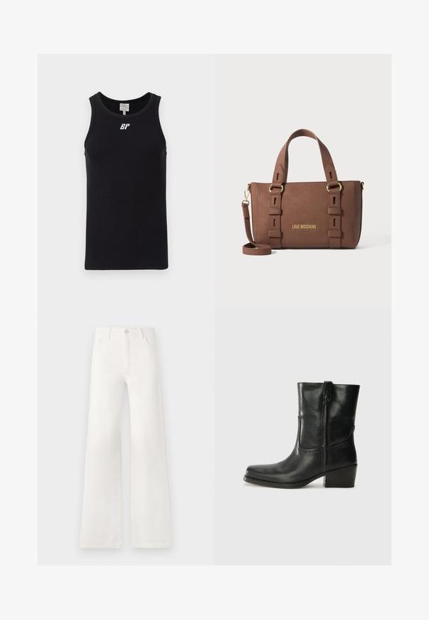 Black sleeveless tank top made of ribbed fabric, featuring a round neckline and a white logo on the chest. Simple design with no patterns.; White, high-waisted wide-leg jeans made of denim. Features a button closure, two front pockets, and side seams with stitching details.; Black leather ankle boot with a rounded toe, block heel, side zipper, and stitching accents on the vamp. Smooth texture, classic design.; Brown Love Moschino handbag with double handles, adjustable shoulder strap, and gold-tone hardware on a plain background.