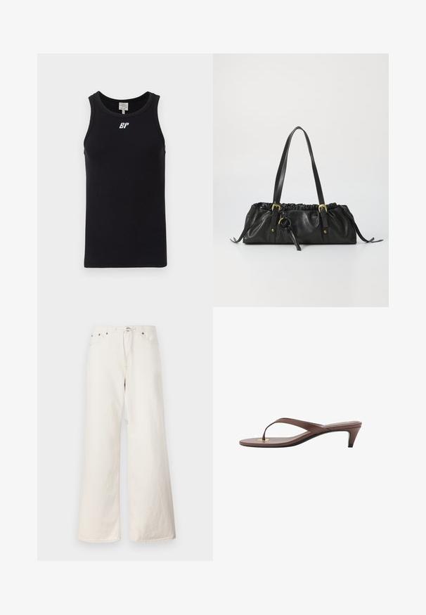Canotta nera senza maniche in tessuto a coste, con scollatura rotonda e logo bianco sul petto. Design semplice senza motivi.; Pantaloni in denim bianchi a gamba larga con vita regolabile tramite cordoncino, tasche frontali e dettagli di cucitura discreti. Realizzati in robusto cotone.; Infradito con tacco marroni, dotati di una fascia sottile e un puntale arrotondato, con un piccolo dettaglio dorato sulla soletta.; Borsa a tracolla nera in pelle con parte superiore arricciata, due manici, dettagli in metallo dorato e un accent centrale circolare. Texture liscia, forma compatta.