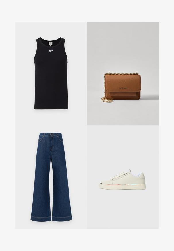 Crna bezrukavna majica od rebraste tkanine, sa okruglim izrezom i bijelim logotipom na prsima. Jednostavan dizajn bez uzoraka.; Široke plave traperice s visokim strukom, s kopčanjem na gumbe, petljama za remen i suptilnim detaljima šavova duž džepova i rubova.; Off-white niske tenisice s vezanjem, bijela unutrašnjost i suptilni višeboji rub duž ivice đona, bočni pogled.; Smeđa kožna torba preko tijela s teksturom, zlatnim lančićem i preklopom na zatvaranju. Na prednjoj strani nalazi se detalj s potpisom i džep ispod preklopa.