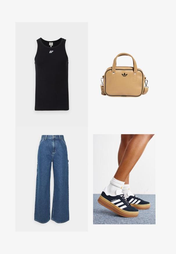 Svart ermeløs tank topp laget av ribbet stoff, med rund hals og en hvit logo på brystet. Enkelt design uten mønstre.; Videbeinete blå denimbukser med høy midje, kontraststing, og sidelommer, med et klassisk fem-lommers design og rå kanter.; Svarte sneakers i semsket skinn med hvite striper og detaljer, rund tå, yttersåle i gummigummi, kombinert med hvite ribbestrikkede crew-sokker.; Tan vegan lærveske med to håndtak, avtagbar skulderrem, svart kontrastsøm, og en liten svart logo på fronten.