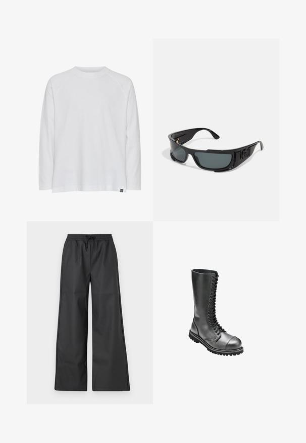 Weißes Langarm-T-Shirt mit Rundhalsausschnitt, lockerer Passform und Raglanärmel. Hergestellt aus weichem Baumwollstoff; mit einem kleinen Markenetikett.; Han Kjøbenhavn RELAXED TRACK TROUSERS - Stoffhose - black; Schwarze Leder-Schnürkampfstiefel mit hohem Schaft, runder Zehenpartie, gepolstertem Kragen und strukturiertem Gummisohle für besseren Halt.; Sonnenbrille mit schwarzem Kunststoffrahmen, grauen Gläsern, umschließendem Design, seitlichen Akzenten und einem Logodetail am Bügel.