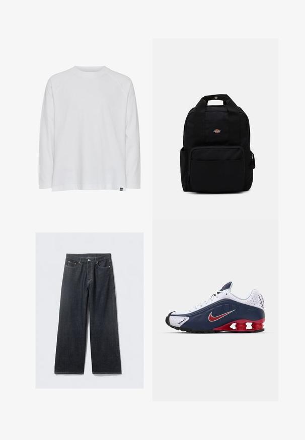 Hvit langermet t-skjorte med rund hals, avslappet passform og raglan-sømmer. Laget av myk bomullsstoff; har en liten merkeetikett.; Mørk denim vid jeans med høy midje, med kobberfargede nagler og kontrastsøm, glatt tekstur og uten synlige mønstre.; Hvit og marineblå sportsko med røde detaljer, meshpaneler, polstret krage og et distinkt såledesign som har synlige dempeenheter.; Svart ryggsekk laget av slitesterkt stoff, med to skulderstropper, et topphåndtak og en frontlomme med glidelås. Logo på forsiden.