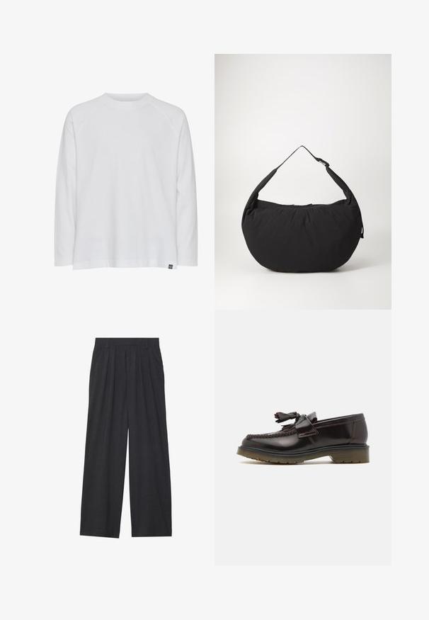 White long-sleeve t-shirt with a round neckline, a relaxed fit, and raglan sleeves. Made of soft cotton fabric; features a small brand label.; Wide-leg trousers made of dark gray fabric. Features pleats at the waist, a tailored design, and a straight silhouette.; Brown leather loafers with a woven design, tassel detail, and a flat rubber sole. Features a smooth finish and contrasting stitching.; Black fabric shoulder bag with a curved shape, featuring a single strap and a zippered closure. Soft texture, minimalist design.