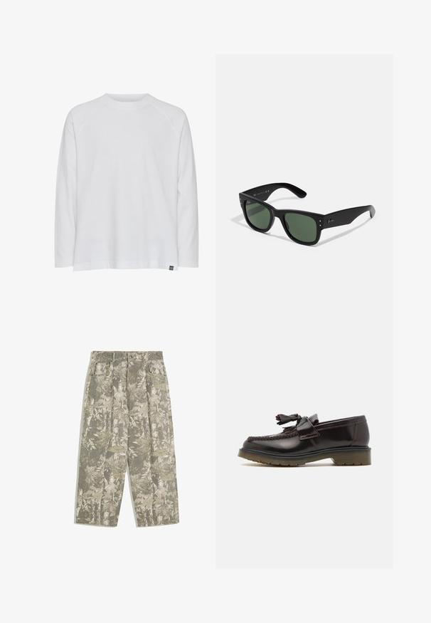 Witte lange mouwen t-shirt met een ronde hals, een ontspannen pasvorm en raglanmouwen. Gemaakt van zachte katoen stof; heeft een klein merklabel.; Cargo broek met wijde benen in een groen en beige camouflagepatroon van bladeren en schors, met voorzakken en riemlussen.; Bruine leren instappers met een geweven ontwerp, een kwastje en een platte rubberen zool. Beschikt over een gladde afwerking en contrasterende stiksels.; Zwarte rechthoekige zonnebril met groene lenzen, matte afwerking, subtiele hardwareaccenten en een gegraveerd logo op de slaap.