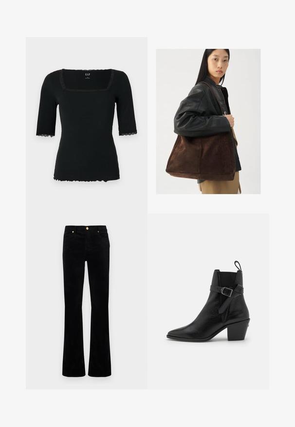 Black ribbed short-sleeve top with a square neckline, featuring lace trim at the collar and sleeves, and a scalloped hem.; Black flared jeans made of cotton blend, featuring a smooth texture, gold-tone hardware, two front pockets, and stitched detailing.; Black leather ankle boot with pointed toe, block heel, and side buckle detail. Features smooth texture and a pull tab at the back.; Brown suede tote bag with a wide shape and soft texture, featuring a single strap and minimal hardware against a neutral backdrop.