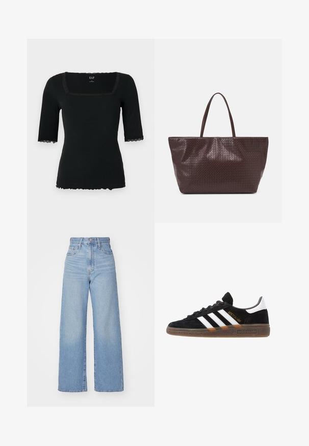 Top negro de manga corta con costillas, escote cuadrado, con ribete de encaje en el cuello y las mangas, y dobladillo con borde festoneado.; Jeans de tiro alto y pernera ancha en azul claro, con cierre frontal de botón y cremallera, y bolsillos delantero y trasero, sobre un fondo blanco.; Zapatilla negra de Adidas con franjas blancas, texto dorado "Spezial", suela de goma y talón blanco, mostrada en vista lateral.; Bolso tote de cuero trenzado marrón con dos asas, de forma estructurada y superficie texturizada, con un patrón de diamantes en todo su diseño.