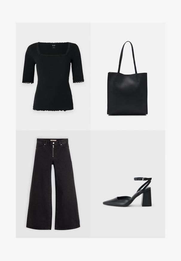 Crni kratki top s rebrastim uzorkom i kvadratnim izrezom, ukrašen čipkom na rubu ovratnika i rukava, te valovitim rubom.; Široke traperice od crnog denima s prednjim zatvaračem, dizajnom s pet džepova i suptilnim detaljima šivanja. Glatka tekstura i ležeran stil.; Crne kožne cipele s špicastim vrhom, remenom oko gležnja i debelim potplatom. Ravna tekstura, elegantan dizajn i minimalistička estetika.; Crna kožna torba za nošenje s glatkom teksturom, pravokutnim oblikom i dvije duge ručke. Nema vidljivih metalnih dijelova ili ukrasa.
