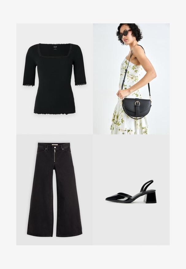 Musta, ribbineulottu lyhythihainen paita, jossa on neliskanttinen pääntie, pitsisomisteiset kaulus ja hihat sekä aaltoileva helma.; Mustat leveälahkeiset farkut, joissa on vetoketjufrunti, viisi-taskuinen muotoilu ja hienovaraiset ompelusyyt. Sileä pinta ja rento tyyli.; Mustat patentoitu nahkakengät, joissa on säären takaosa ja terävä kärki, sekä geometrinen palikkakorko. Sisältää tyylikkään, minimalistisen muotoilun ja sileän pinnan.; Musta nahkainen käsilaukku, joka on kaareva muotoilultaan, irrotettavalla hihnalla ja kultaisilla yksityiskohdilla. Laukussa on läppä, jossa on solk yksityiskohta.