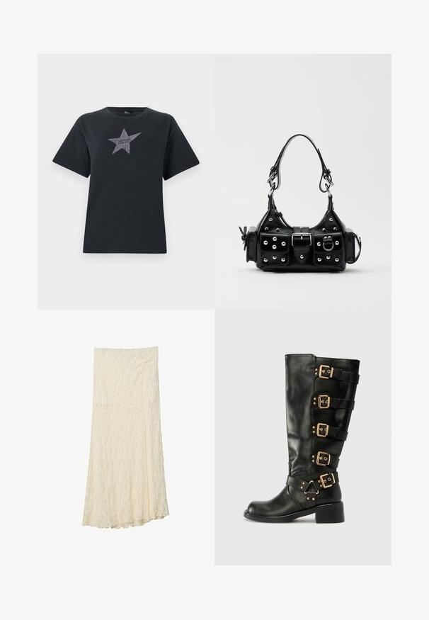 Čierne tričko s krátkym rukávom vyrobené z bavlny, so striebornou hviezdou a textom "ODVAŽIL BY SI SA" naproti stredu.; Tkaná maxi sukňa v off-white farbe so štruktúrovaným kvetinovým vzorom, prispôsobený pás a splývavá silueta so slabo rozšíreným spodným okrajom.; RAID GELINA - Kovbojské/motorkárske čižmy - black; Čierna kožená kabelka s zakriveným dizajnom, doplnená striebornými cvočkami, prackou a dvoma bočnými vreckami. Nastaviteľný popruh poskytuje rôzne možnosti nosenia.