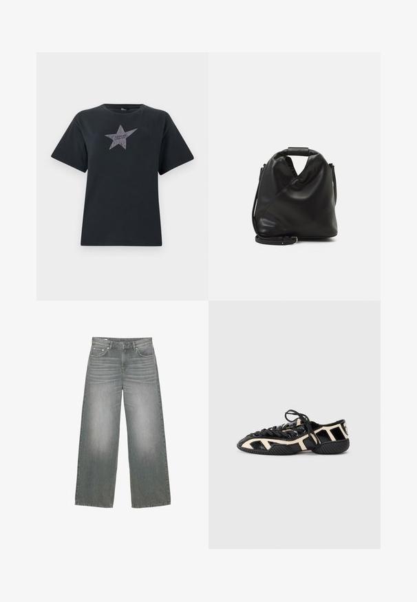 Černé tričko s krátkým rukávem z bavlny, s grafickým motivem stříbrné hvězdy a textem "ODVAŽUJI SE" ve středu.; Šedé džíny s širokými nohavicemi, které mají mírně vybledlou texturu, design se pěti kapsami a klasické zapínání na knoflík a zip.; Černá a krémová sportovní obuv s texturovaným svrškem, která má výřezy, tkaničky a zúženou podrážku pro lepší přilnavost.; Černá, měkká kožená taška s unikátním zkrouceným designem. Obsahuje krátkou rukojeť a odnímatelný ramenní popruh. Minimalistický styl.