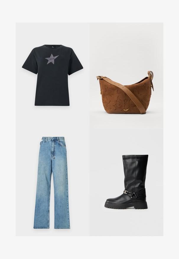 Black short-sleeve t-shirt made of cotton, featuring a silver star graphic with text "I DARE YOU" across the center.; Light blue denim wide-leg jeans with a mid-rise waist, five pockets, and a button-fly closure featuring metal hardware and a faded finish.; Black knee-high boots made of smooth leather, featuring a buckle accent on the side and a thick, textured sole for grip.; Brown suede shoulder bag with embossed floral design, complemented by a smooth brown leather strap and gold-tone hardware accent.