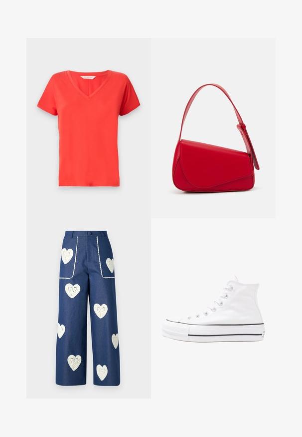 Rdeča majica s kratkimi rokavi v obliko V, izdelana iz gladkega blaga. Obleka klasične prileganja in čistimi robovi, primerna za sproščeno nošenje.; Cvetna bluzica z dolgimi puff rokavi, svetlo smetanaste barve, s purpurnimi, oranžnimi in zelenimi cvetličnimi vzorci ter klasičnim ovratnikom.; Sister Jane HEART TO HEART - Ravne kavbojke - blue denim; Beli visoki platneni športni čevelj z črnim gumijastim podplatom, sprednjim gumijastim zaščitnikom za prste in šestimi luknjicami za vezalke, ki se ponaša s preprostim, minimalističnim dizajnom.; Rdeča usnjena torba z angularnim, geometrijskim dizajnom. Ima en samostoječ nastavljiv ročaj in pokrov, zaprt z zapiranjem, ki je okrašen s šivi.