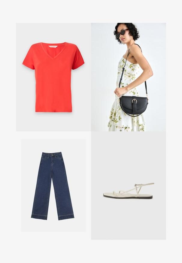 Red V-neck t-shirt with short sleeves, made from smooth fabric. Features a classic fit and clean edges, suitable for casual wear.; Wide-leg jeans in dark blue denim. Features five pockets, belt loops, and a raw hem at the bottom with visible stitching details.; Beige flat sandal with multiple slender straps and an adjustable buckle. The sole is flat with a slight dark contrast at the edge.; Black leather handbag with a curved shape, detachable strap, and gold hardware. The bag features a flap with a buckle detail.; Silver double-band ring with a smooth, polished surface. Features a fluid, curved design with overlapping sections for a modern look.
