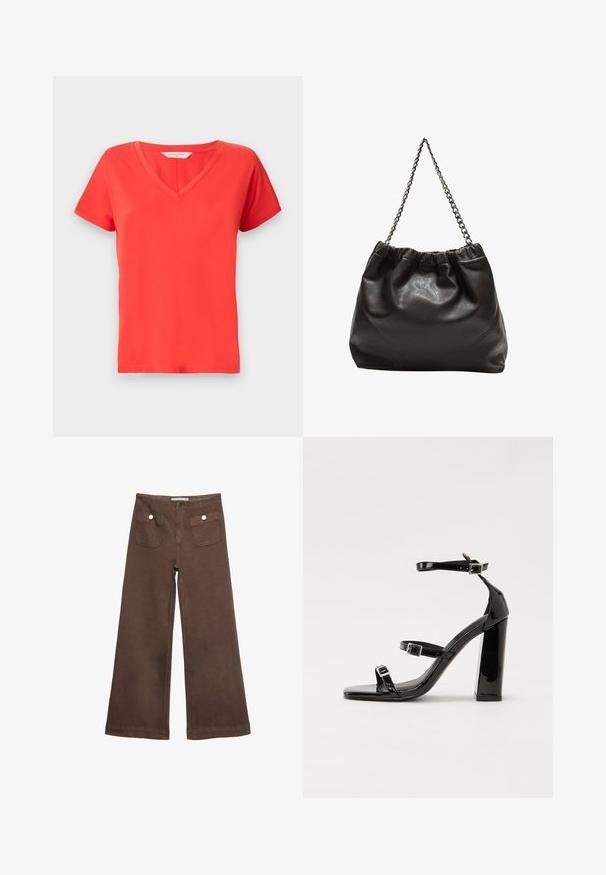 Rød V-hals T-shirt med korte ærmer, lavet af glat stof. Har en klassisk pasform og rene kanter, velegnet til hverdagstøj.; Brune bredbenede bukser lavet af bomuld, med to forlommer med sølvknapper og en glat tekstur.; Sorte patenterede hælsandaler med firkantet tå, ankelremme og sølvspænder. Har en chunky blokHæl for stabilitet.; Brun lædertaske med en rynket top og en kædestrop. Glat tekstur med en blank finish og subtile sømdetaljer på siderne.