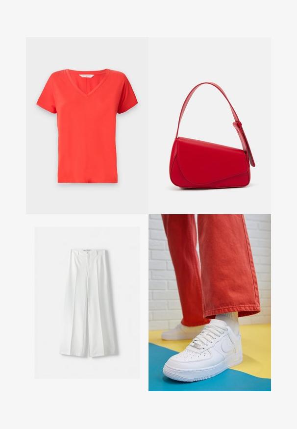 Červené tričko s V-výstřihem a krátkými rukávy, vyrobené z hladké tkaniny. Má klasický střih a čisté okraje, vhodné pro volnočasové nošení.; Bershka WIDE-LEG TAILORED - Kalhoty - white; Bílé kožené tenisky s perforovanou špičkou, texturovanou podešví a bílými tkaničkami, v kombinaci s širokými červenými kalhotami a modro-žlutým pozadím.; Červená kožená kabelka s ostrým, geometrickým designem. Má jeden nastavitelný popruh a klopu s prošívanými detaily.; Zlaté kruhové náušnice s hladkým, lesklým povrchem. Kruhový design s malým kolíčkem a průhledným záznamem pro bezpečné nošení.