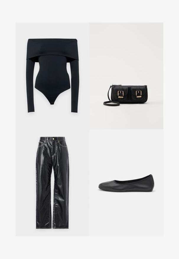 Schwarzer schulterfreier Body mit langen Ärmeln, aus glattem Stretchmaterial gefertigt; verfügt über einen Tanga-Schnitt am Boden und minimale Nähte.; Schwarze Kunstlederhosen mit weitem Schnitt, ausgestattet mit weißen Nähten, frontalen Taschen und einem goldenen Knopf am Bund.; Schwarze Leder-Ballettschuhe mit abgerundeter Spitze, glatter Textur, minimalen Nähdetails und einem flexiblen Sohlen-Design.; Schwarze Leder-Umhängetasche mit zwei vorderen Taschen, goldenen Schnallen, Reißverschluss und einem schmalen Tragegurt. Texturierte Oberfläche und kompakte rechteckige Form.
