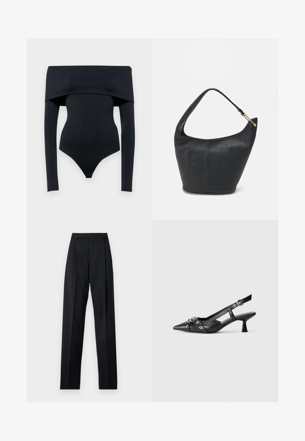Fekete, váll nélküli bodysuit hosszú ujjakkal, sima, rugalmas anyagból készült; a hátulja tangás fazonú, és minimális varrással rendelkezik.; Fekete nadrág sima anyagból, magas derékkal, széles lábakkal, elülső redőkkel és klasszikus övhurkokkal. Oldalzsebek nem láthatók.; Fekete bőr slingback cipő hegyes orral, dekoratív pántokkal, fém szemekkel és alacsony blokk sarkú. Texturált felület.; Fekete bőrtáska kerekded formával, széles pánttal és texturált felülettel. Finom varrási részletekkel és arany színű fém díszítéssel rendelkezik.