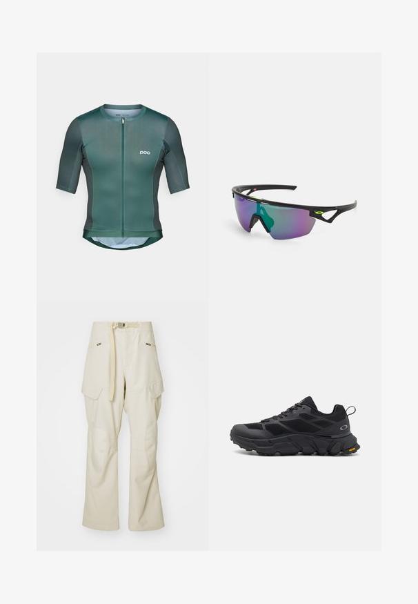 Maillot de cyclisme à manches courtes en tissu vert foncé avec une texture lisse, doté d'une fermeture éclair à l'avant et d'un logo blanc sur la poitrine.; Pantalons cargo beiges à jambe large, taille ceinturée, deux poches latérales et renforts aux genoux. Texture lisse avec des détails de couture renforcée.; Baskets de sport noires avec une semelle épaisse, tige en mesh et synthétique, accents texturés et marque Vibram sur la semelle extérieure.; Lunettes de sport avec une monture noire, grandes verres dégradés aux teintes violettes et vertes, et des accents de design angulaires avec un détail de logo.