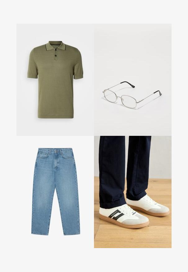Polo de culoare verde măslin, cu mânecă scurtă, având două butoane negre și o margine neagră pe marginea gulerului.; Jeans din denim albastru deschis cu croială largă și talie înaltă, având cinci buzunare, bucle pentru curea și o textură moale, ușor decolorată.; Tenisi albi și gri cu dungi negre, din piele, având talpă din cauciuc și șireturi plate. Purtați cu pantaloni bleumarin pe un podea din lemn.; Ochelari de metal cu ramă ovală, margini argintii și lentile clare. Brațe subțiri, drepte, cu vârfuri negre, design minimalist.