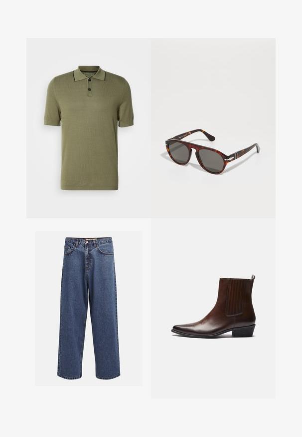 Oliivinvihreä lyhythihainen polo-paita, jossa on kaksi mustaa nappia ja musta reuna kauluksen reunassa.; Vaaleat siniset farkut, joissa on leveät lahkeet ja haalistunut pinta. Niissä on napitettava etusuljin, viisi taskua ja eriväristä tikkausta saumoissa.; Ruske usnjene gležnjarje s koničastim nosom, elastičnimi stranskimi paneli, teksturiranimi detajli spredaj in nizkim zloženim petami.; Farkku aurinkolasit harmailla linsseillä. Sileä muovikehys, pyöreä muoto, metalliset yksityiskohdat temppeleissä. Valoa heijastava pinta.