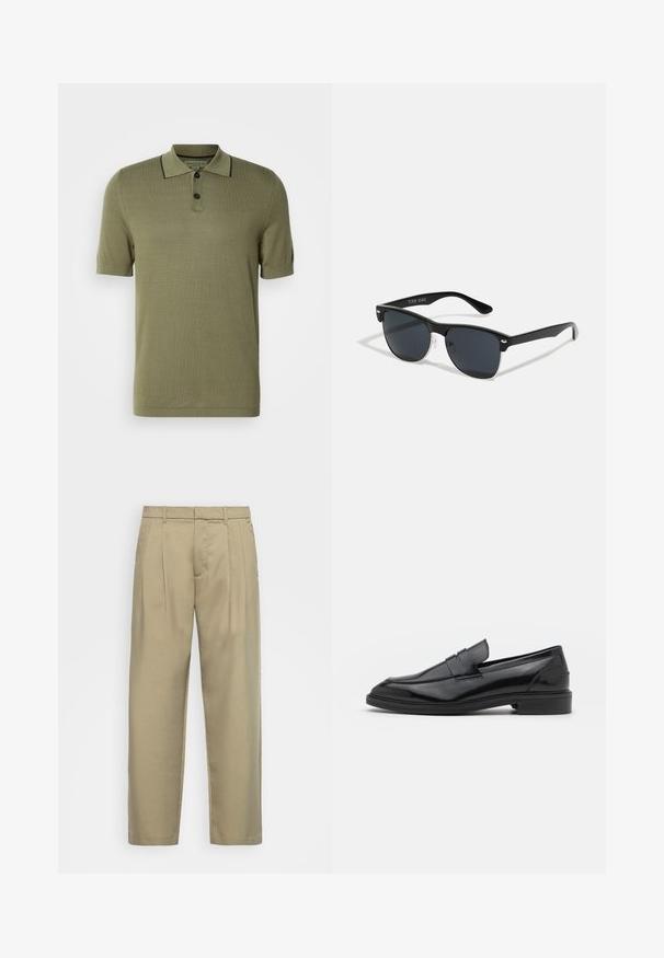 Oliven grønn kortermet polo skjorte med to svarte knapper og svart kant langs kragekanten.; Beige, høytlivs bukser med rett snitt, med flat front, sidelommer og et jevnt, strukturert stoff.; Sorte skinnloafers med en glatt overflate, med rund tå og en smal band over vristen. Lavt stablet hæl.; Sorte solbriller med rektangulær form, mørke linser, sølvfargede detaljer ved templene, og en matt finish på rammen.